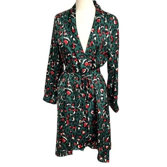NWT Glam Leopard Print Green Navy Red Wrap Dress High Low Hem SZ L - Picture 1 of 7